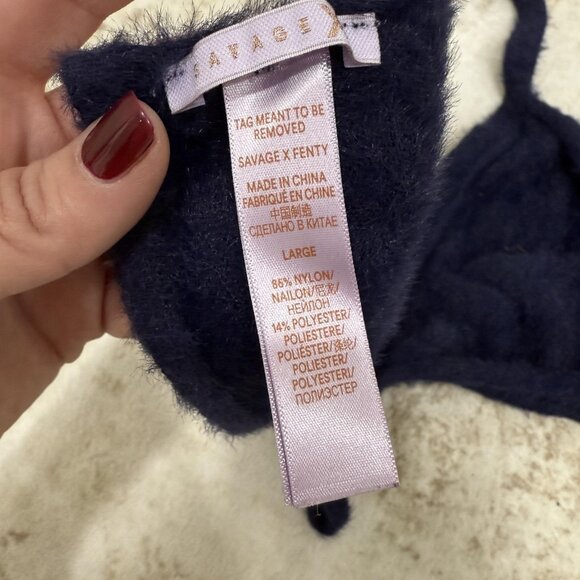Savage X Fenty Bralette Womens Large Navy Fuzzy Triangle Halter Tie Plush Bra - Picture 5 of 8